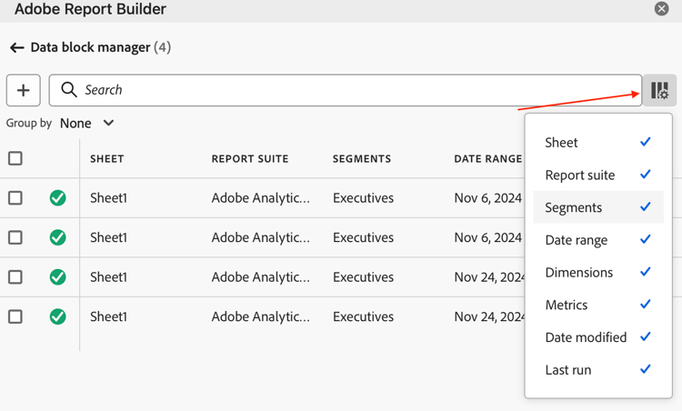 Data block manager showing the column list