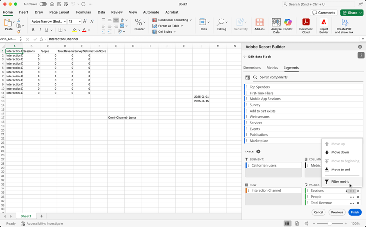 segments tab displaying metrics.