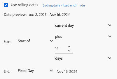 Report Builder date range pane showing the current day plus 14 days selected.