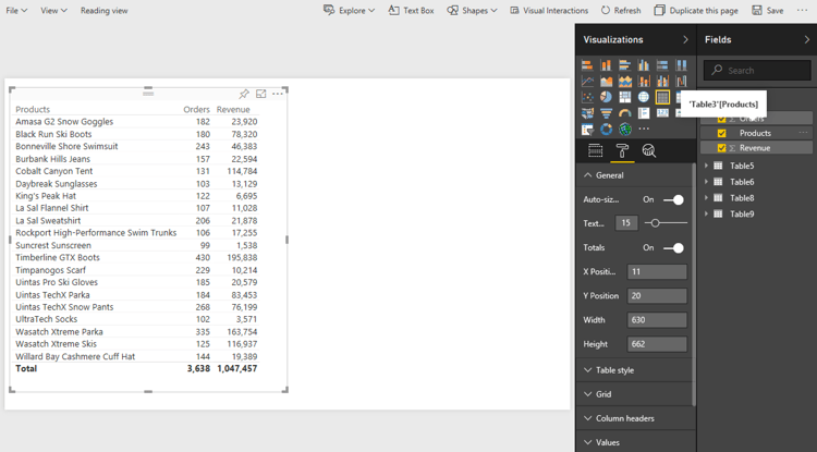 Screenshot showing a selected table with associated columns