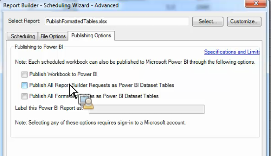 Screenshot showing the Scheduling Wizard - Advanced Publishing Options with the Publish all Formatted Tables as Power BI dataset tables.