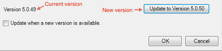 Screenshot showing the Options dialog and the current version and new version.