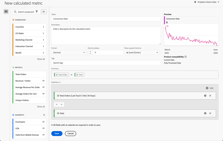 Calculated metric details window showing fields and options described in the next section.