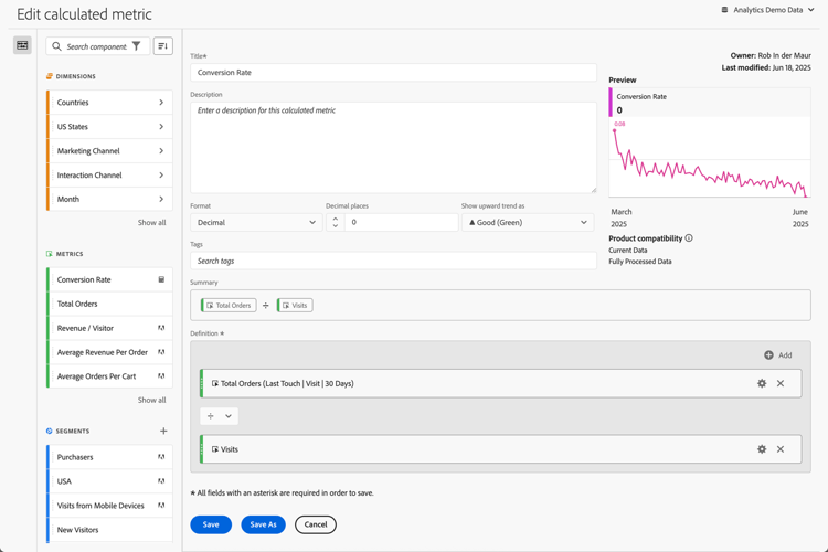 Calculated metric details window showing fields and options described in the next section.