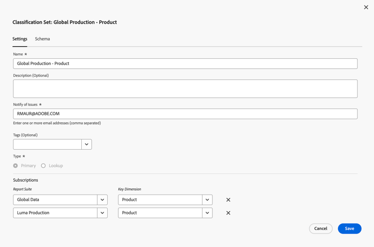 Classification sets - settings