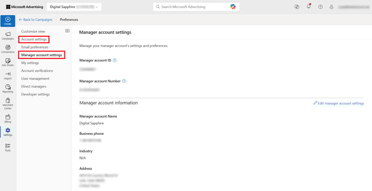 Microsoft Advertising navigation