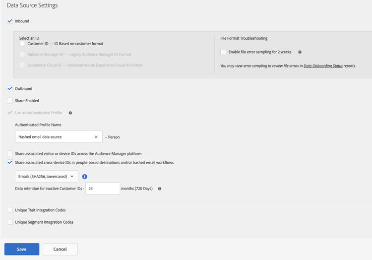 Audience Manager UI image showing the data source settings section.