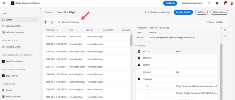 Filter Assurance events by searching for your datastream ID