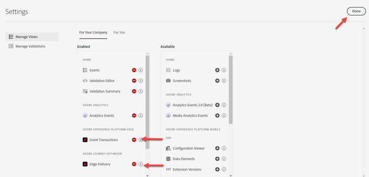 Enable Event Transactions and Edge Delivery, then click Done