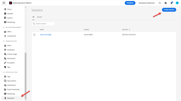 Navigate to Adobe Experience Platform Assurance and create a session