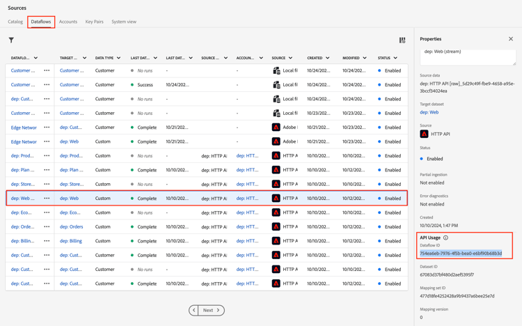 Copy the Dataflow ID for the dep: Web (stream) dataflow