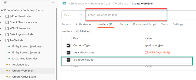 Completed Create Web Event API request with Streaming Endpoint and Dataflow ID filled in