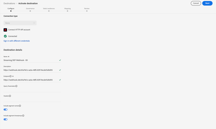 Configure destination fields including name, description, endpoint, and toggles