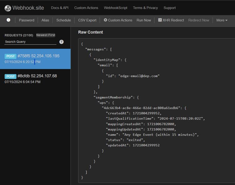 Webhook payload showing an "exited" status for the streaming destination
