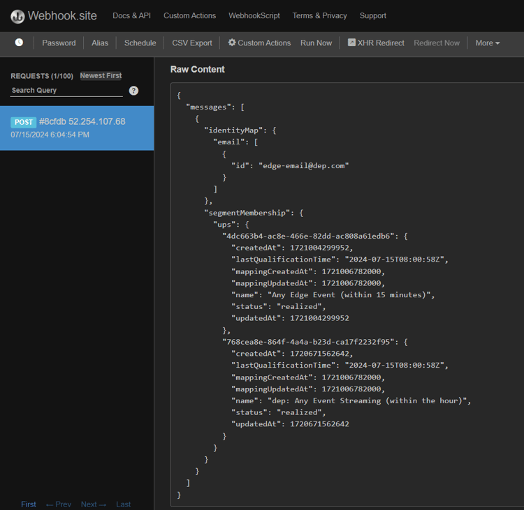 Validate the streaming destination activated segments on the webhook