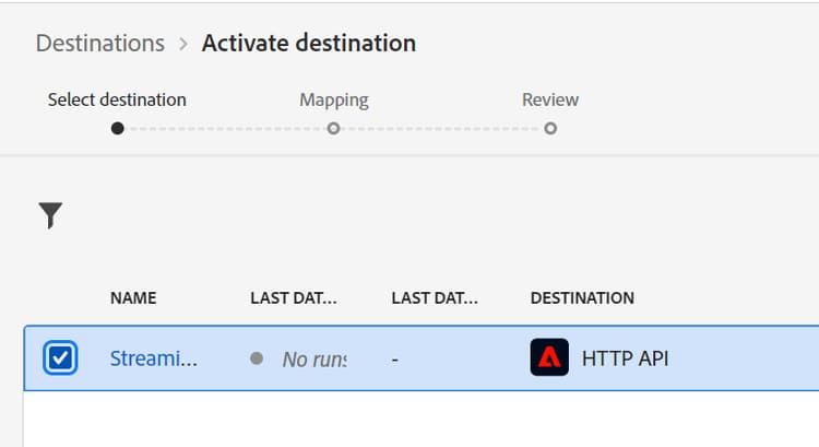 Select the Streaming DEP Webhook destination and click Next