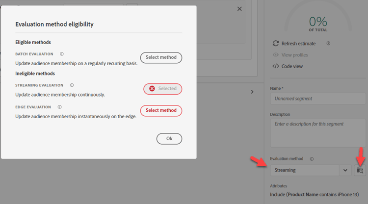 Evaluation Method set to Streaming after clicking the folder icon