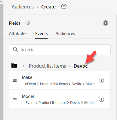 Drill down to XDM ExperienceEvent > Product list items > Dep > Model