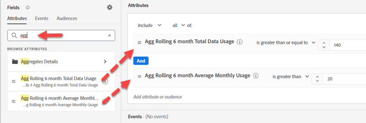 Set the appropriate operators and values for each aggregate