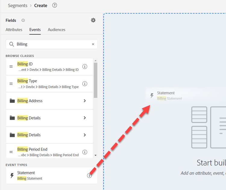 Create a new audience using the Billing Statement event card