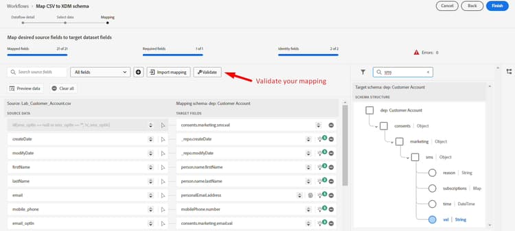 Validate button confirming the smsoptin mapping is valid