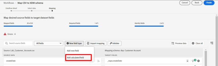 New field type icon menu with Add Calculated Field option selected
