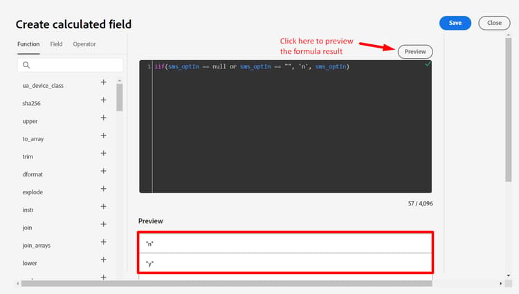 Create Calculated Field dialog with the smsoptIn expression and Preview result