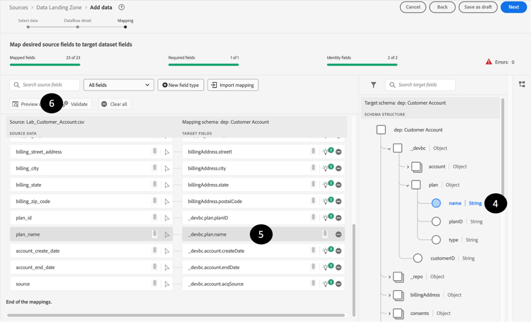 Target schema panel for selecting the correct field to fix a passthrough mapping