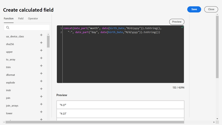 Preview result of the birth day and month calculated field expression