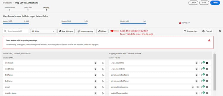Validate button used to re-validate mappings after dropping fields