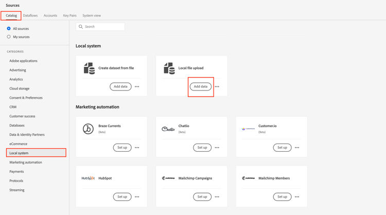 Add Data button for the Local File upload card in the Sources catalog