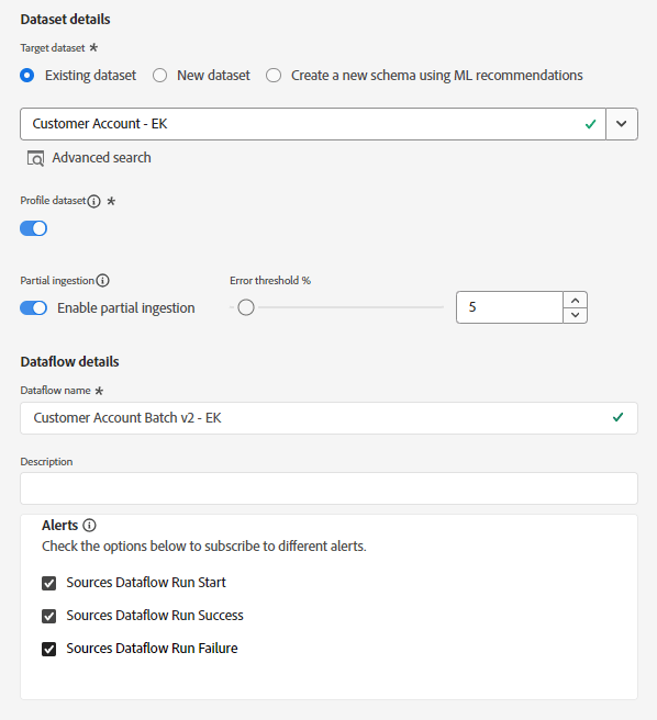 Dataflow detail screen configured with the existing dataset for the second dataflow