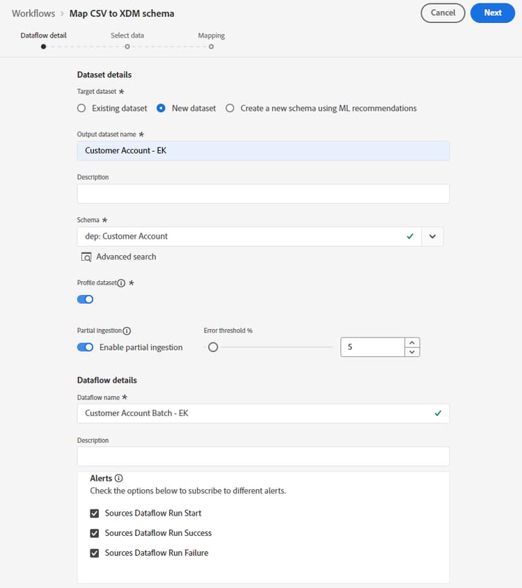 Dataflow detail screen with new dataset, Profile, and partial ingestion settings configured