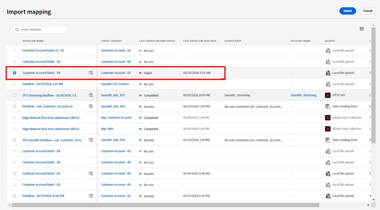 Dialog for selecting the dataflow to import mapping from
