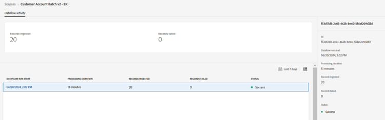 Dataflow run status showing a successful Customer Account ingestion