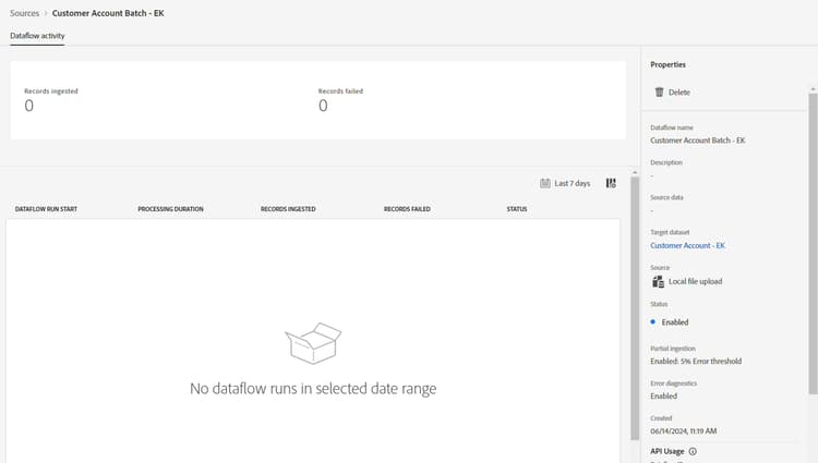 Dataflows screen showing the newly created dataflow and run status