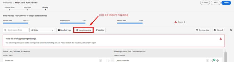 Import mapping button on the mapping screen
