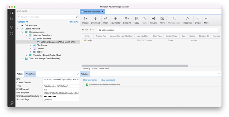 Azure Storage Explorer showing the successfully connected Data Landing Zone account