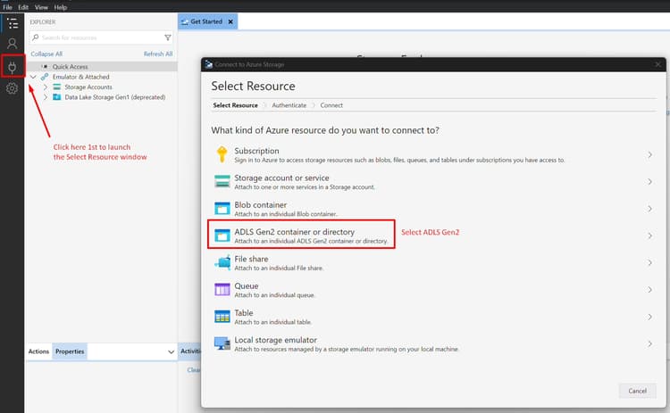 Selecting ADLS Gen2 Container or directory as the resource in Azure Storage Explorer