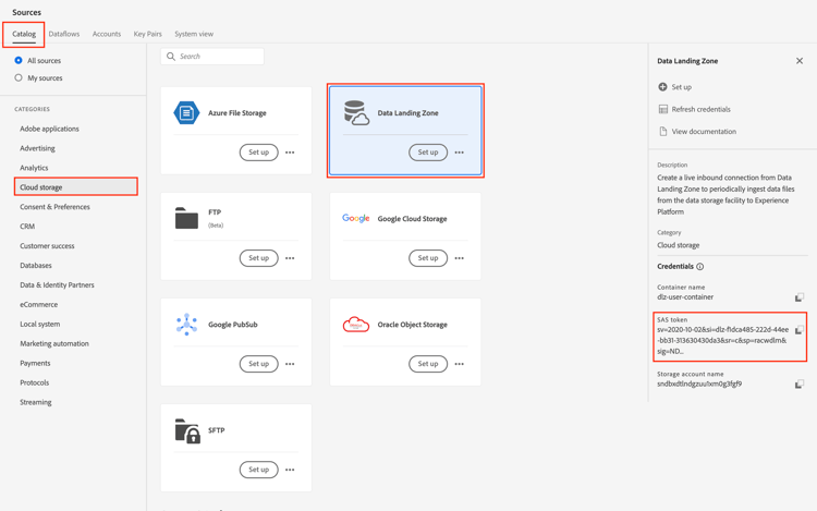 Data Landing Zone source card with View Credentials option in Adobe Experience Platform