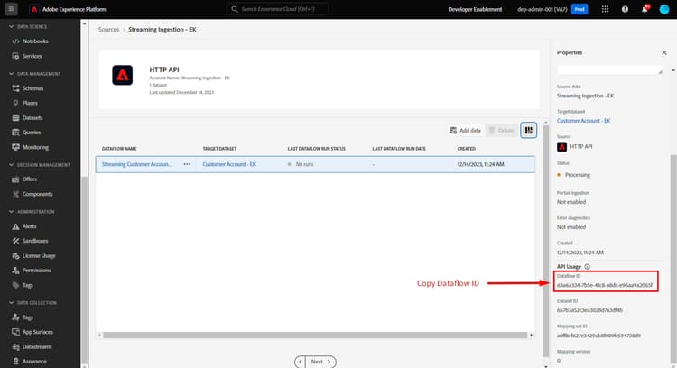 Dataflow details right rail showing API usage details and Dataflow ID