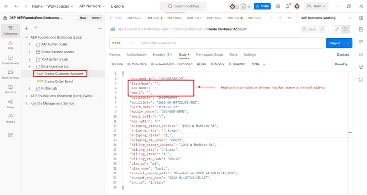 Final Create Customer Account request ready to send in Postman