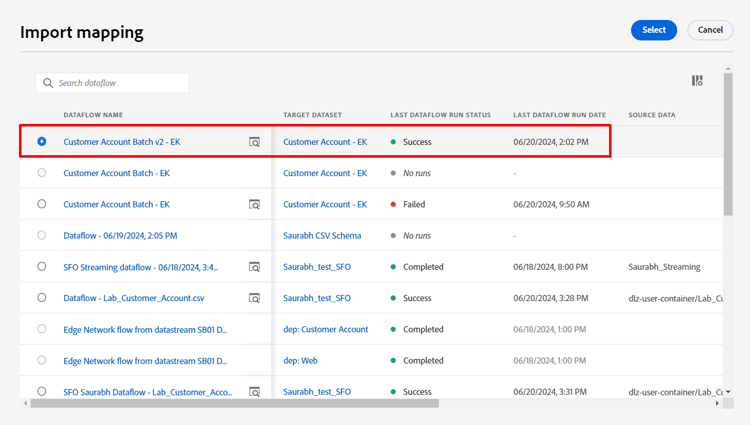 Choosing the Batch Ingestion dataflow to import its mapping set from