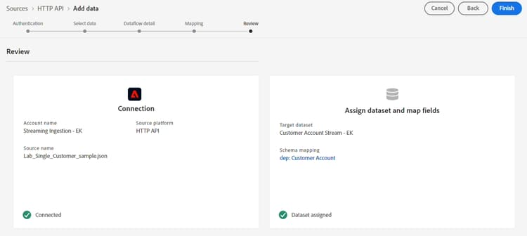 Reviewing the dataflow details before clicking Finish to save it