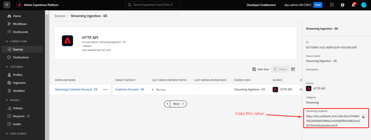 Streaming endpoint URL displayed on the right side of the account details