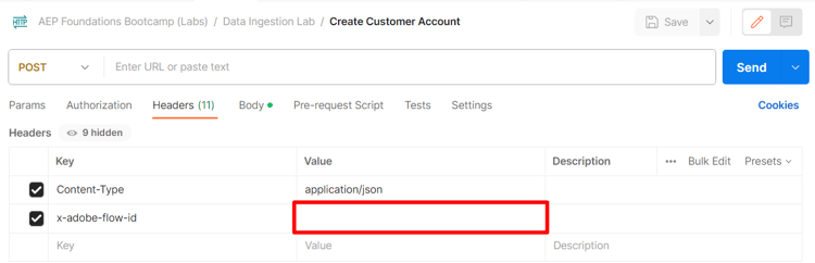 Dataflow ID pasted into the x-adobe-flow-id header value