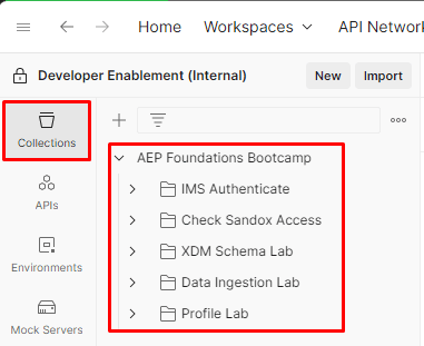 AEP Foundations Bootcamp collection populated under the Postman Collections sidebar tab
