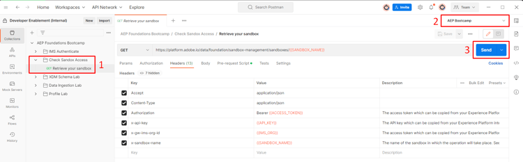 Postman request pane for the Retrieve Your Sandbox call before sending