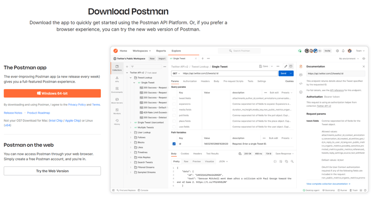 Postman download page for installing the desktop app or using the web version