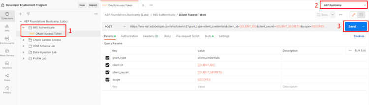 Postman request after sending the IMS Authenticate call to generate an access token